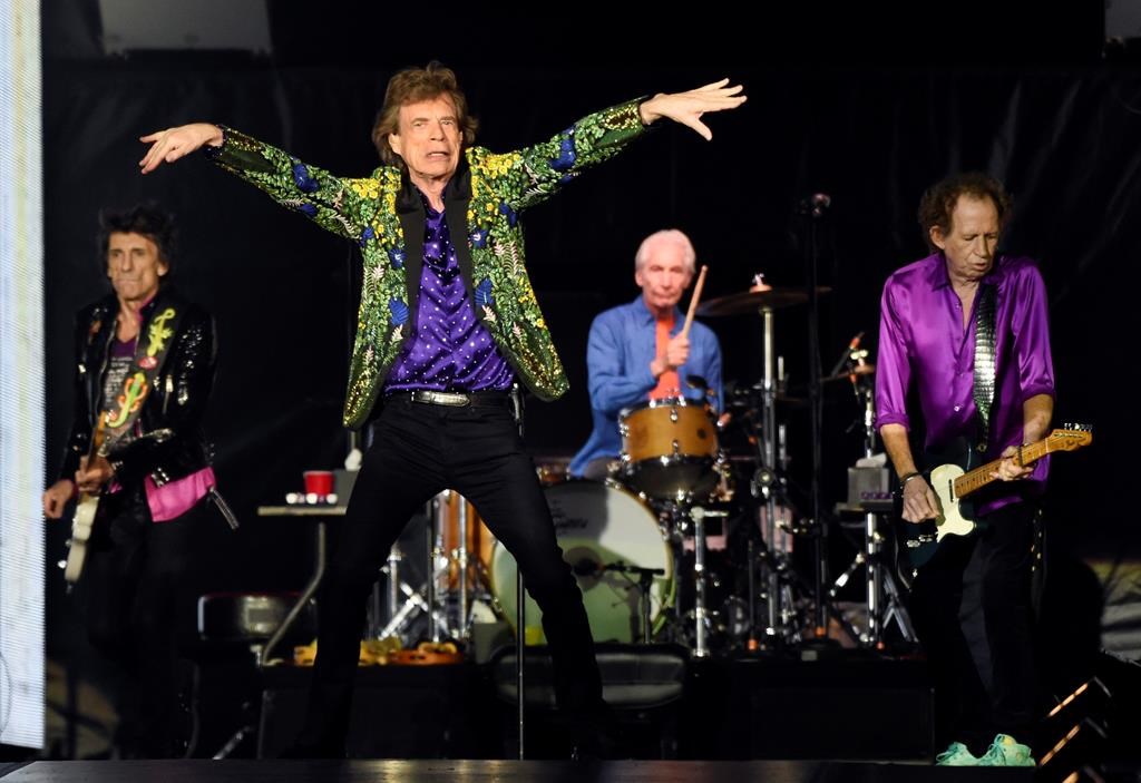 From left, Ron Wood, Mick Jagger, Charlie Watts and Keith Richards of the Rolling Stones perform during their concert at the Rose Bowl, Thursday, Aug. 22, 2019, in Pasadena, Calif.