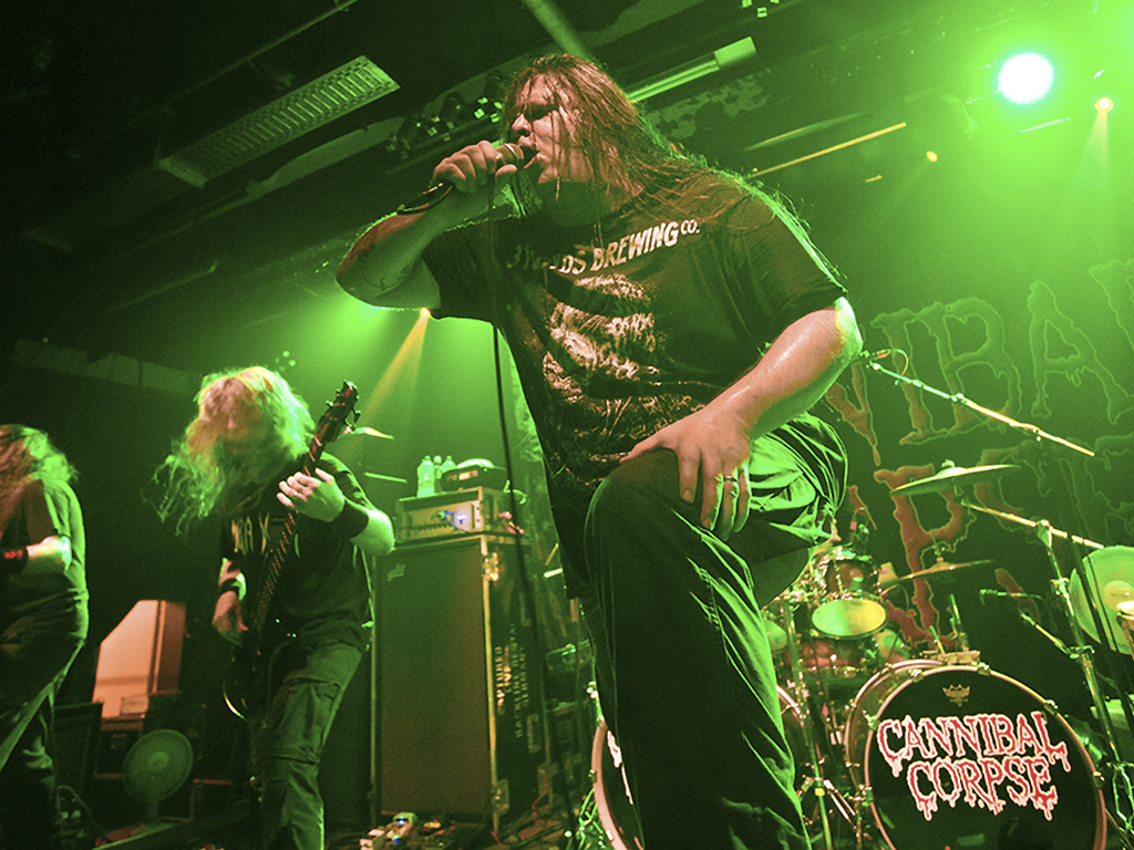(R) George 'Corpsegrinder' Fisher of the American band Cannibal Corpse performs live during a concert at the Postbahnhof on Aug. 3, 2015 in Berlin, Germany.