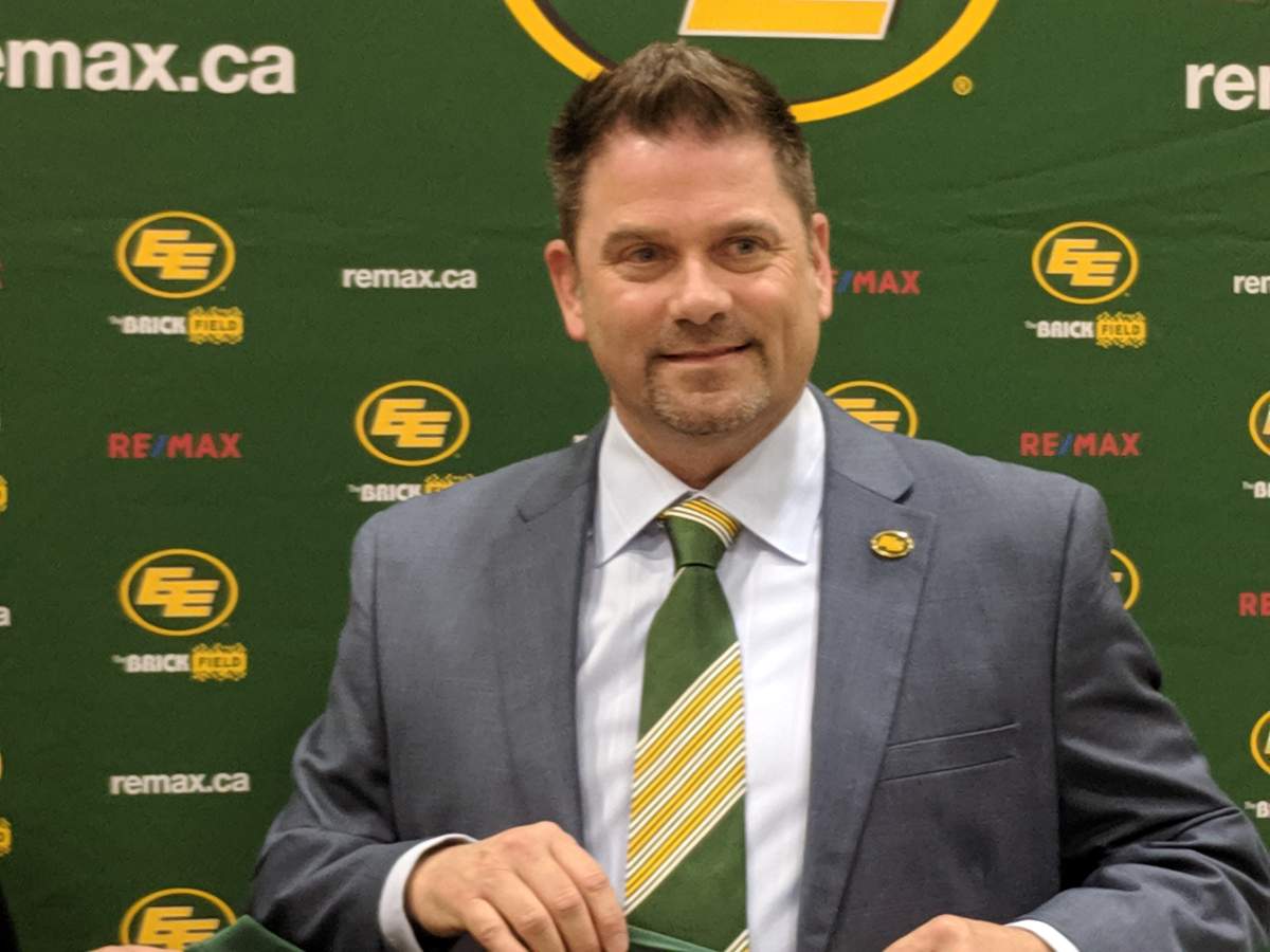 New Edmonton Eskimos president and CEO Chris Presson speaks to the media on Aug. 7, 2019. 