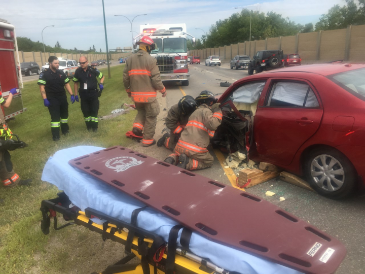 A multi-vehicle collision sent two people to hospital in Saskatoon on Aug. 11, 2019, according to police.