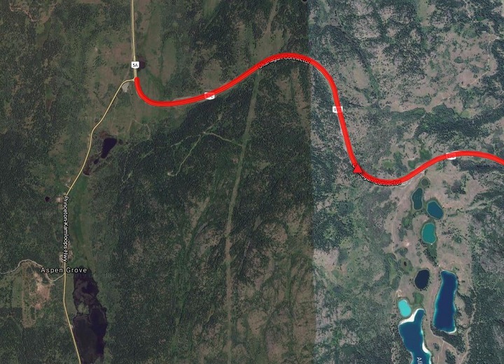 A close-up of where the incident is along the Okanagan Connector.