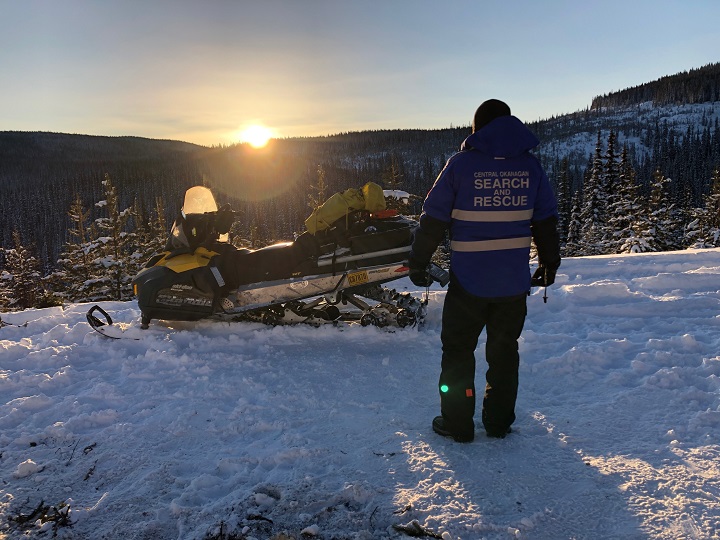 A member of Central Okanagan Search and Rescue is positioned near a snowmobile during a successful search for an overdue skier near Big White in February. The search started at 8 p.m., with crews finding the skier around 2 a.m., cold and tired but OK. He was airlifted from the scene at around 8:45 a.m.