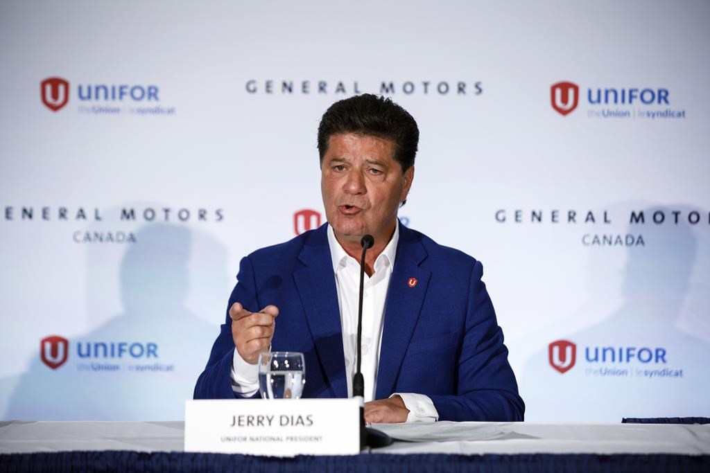Unifor national president Jerry Dias speaks during a press conference announcing GM's investment in the Oshawa assembly plant, in Toronto, on May 8, 2019.