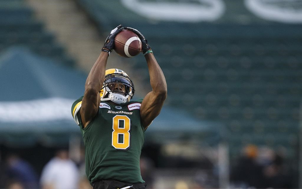 Receiver Kenny Stafford (8) makes the catch against the Montreal Alouettes during second half CFL action in Edmonton on Friday June 14, 2019.