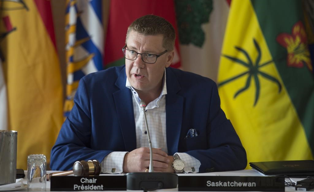 Saskatchewan Premier Scott Moe speaks during a meeting of Canada's premiers in Saskatoon, Sask. Wednesday, July 10, 2019.