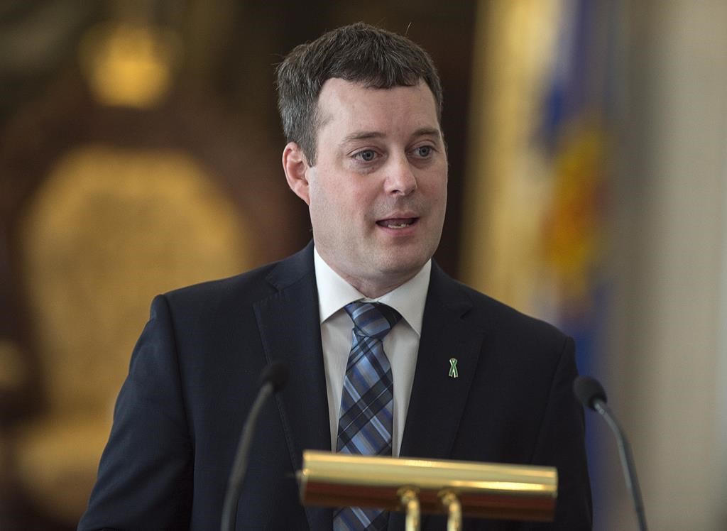 Health Minister Randy Delorey addresses the audience at a bill briefing at the legislature in Halifax on Tuesday, April 2, 2019.