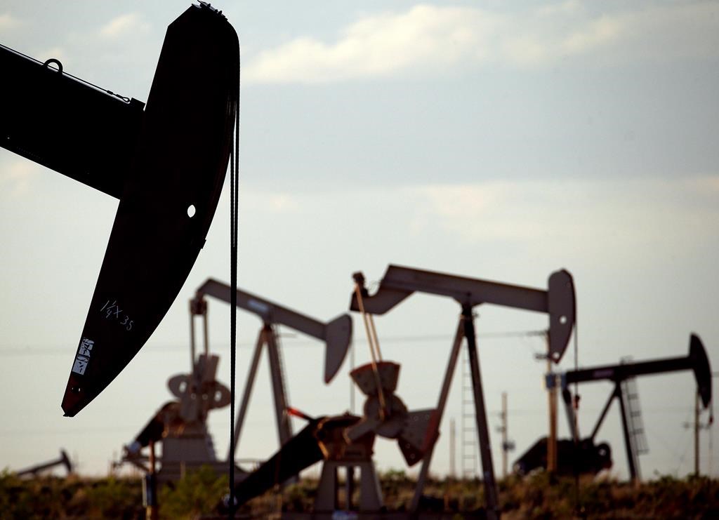 Pumpjacks work in a field.