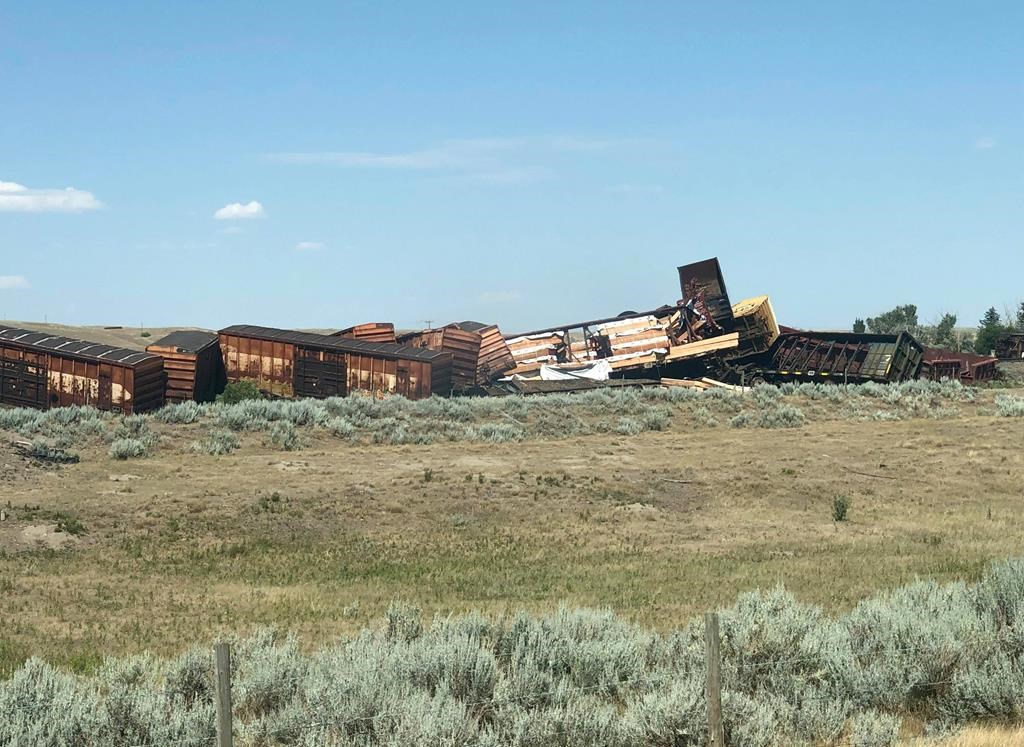 A train derailment is shown near the hamlet of Irvine, Alberta on Friday Aug. 2, 2019.