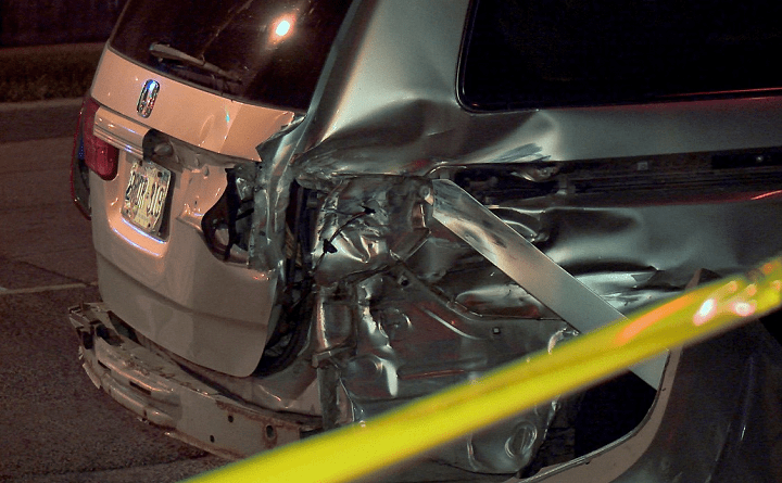 Images from the scene showed extensive damage to the back of a grey van.