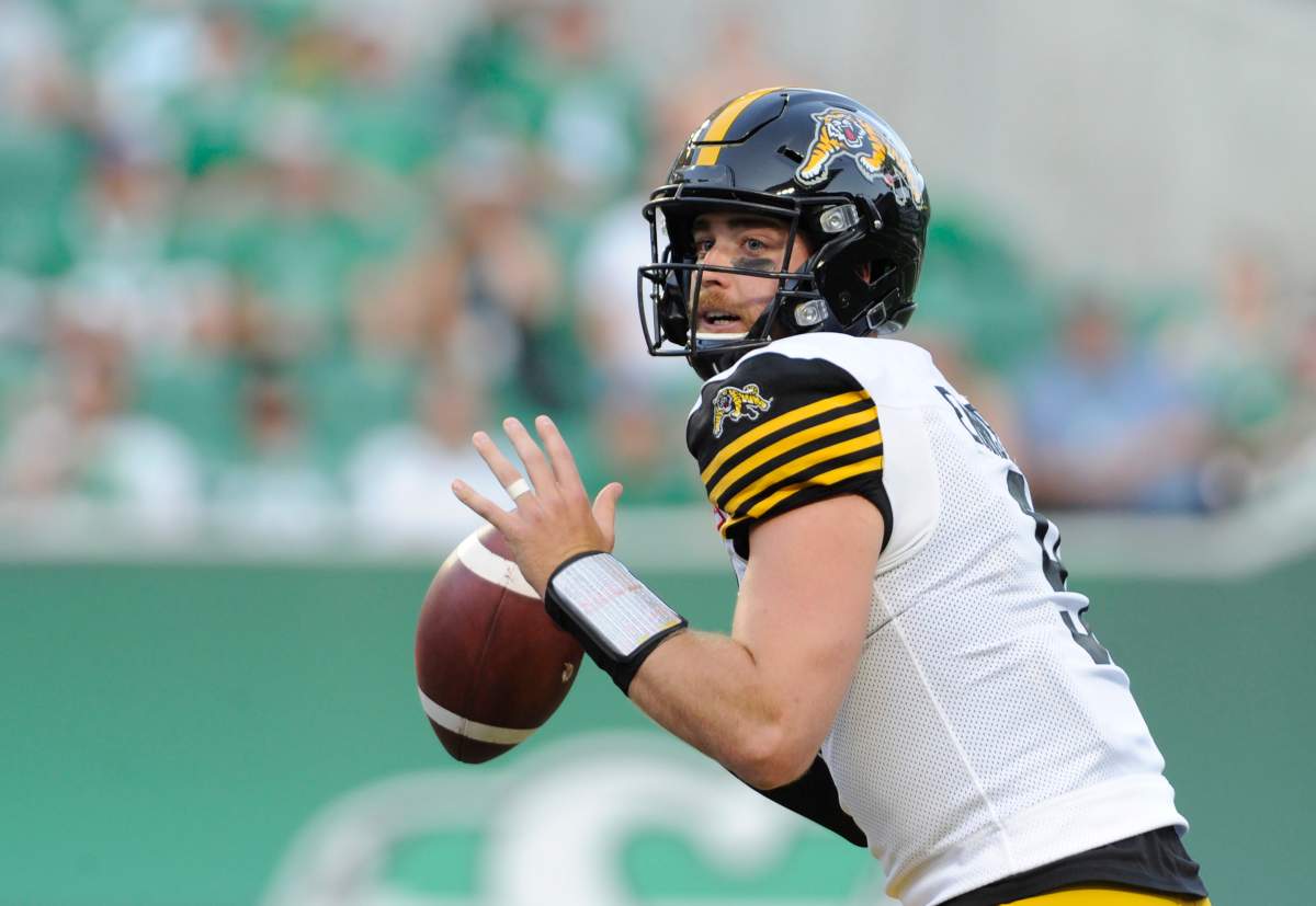 Hamilton Tiger-Cats quarterback Dane Evans attempts a pass during first half CFL action at Mosaic Stadium in Regina on Thursday, August 1, 2019.