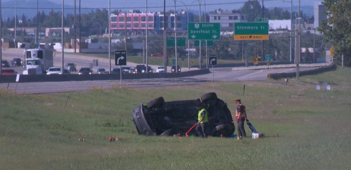 A person was killed in a crash on Calgary's Deerfoot Trail on Monday, Aug. 5, 2019.