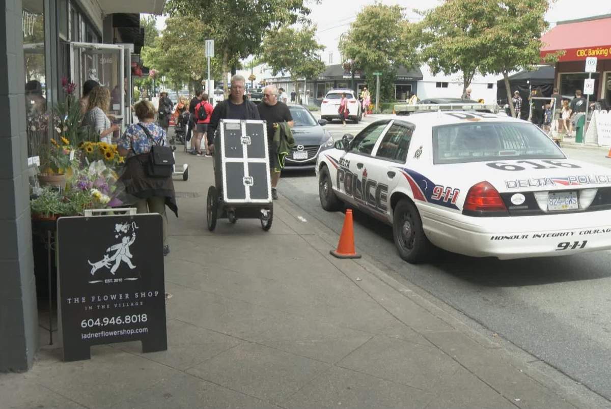 Film crews working on the final season of "Supernatural" set up outside a row of businesses in Ladner Village in Delta, B.C. on Thursday, Aug. 1, 2019.