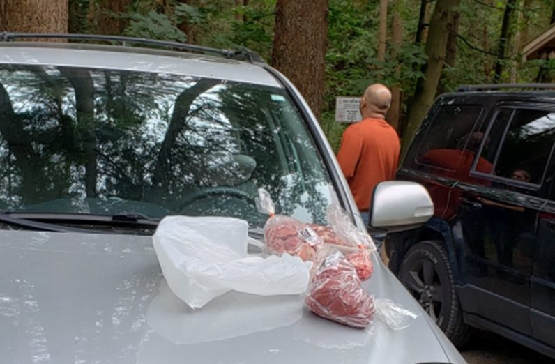 Bags of meat sit on the hood of a vehicle in Deltas Watershed Park while a suspect talks to police on Aug. 17, 2019.