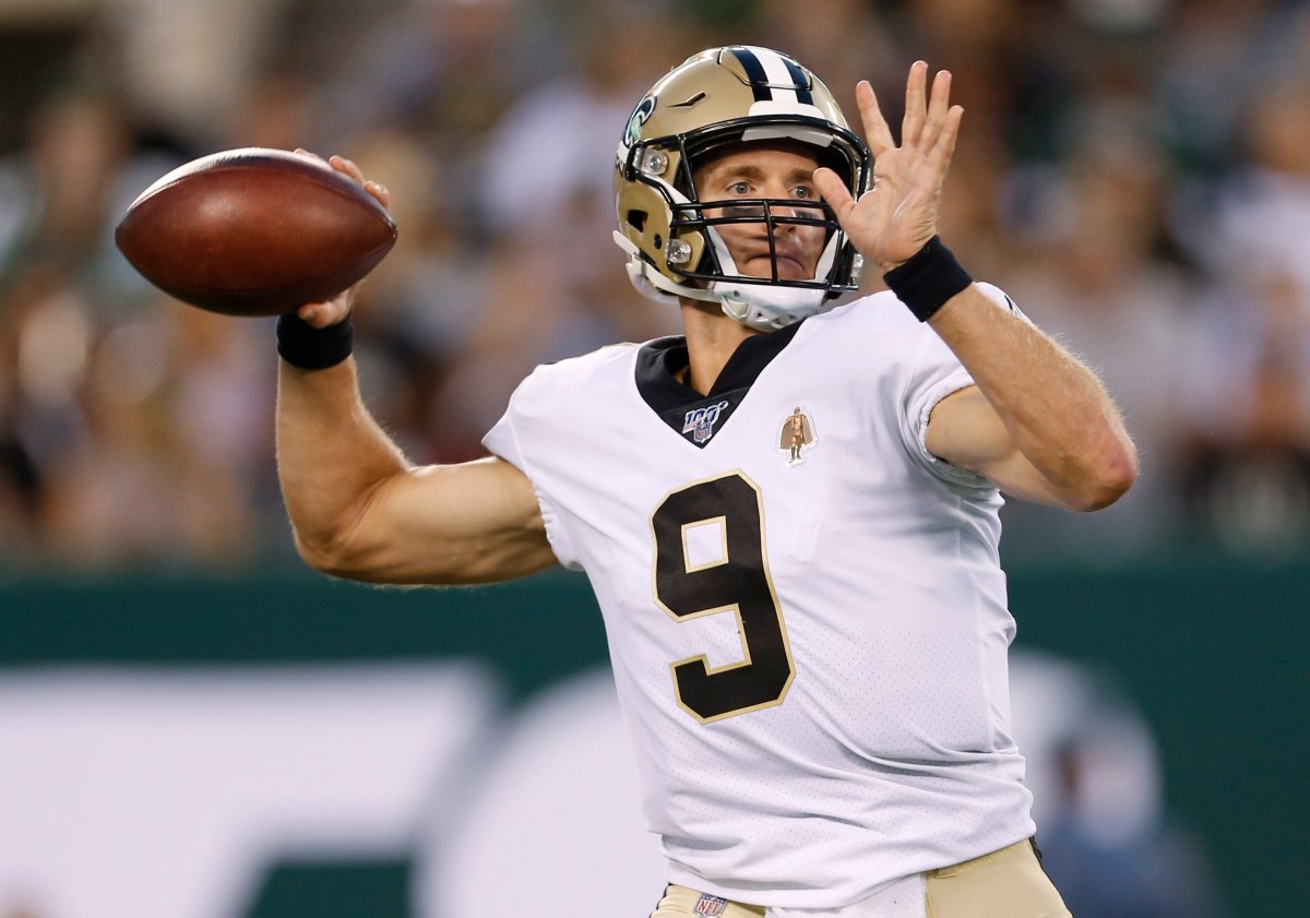 New Orleans Saints quarterback Drew Brees throws a pass during the first half of the team's preseason NFL football game against the New York Jets on Saturday, Aug. 24, 2019, in East Rutherford, N.J.
