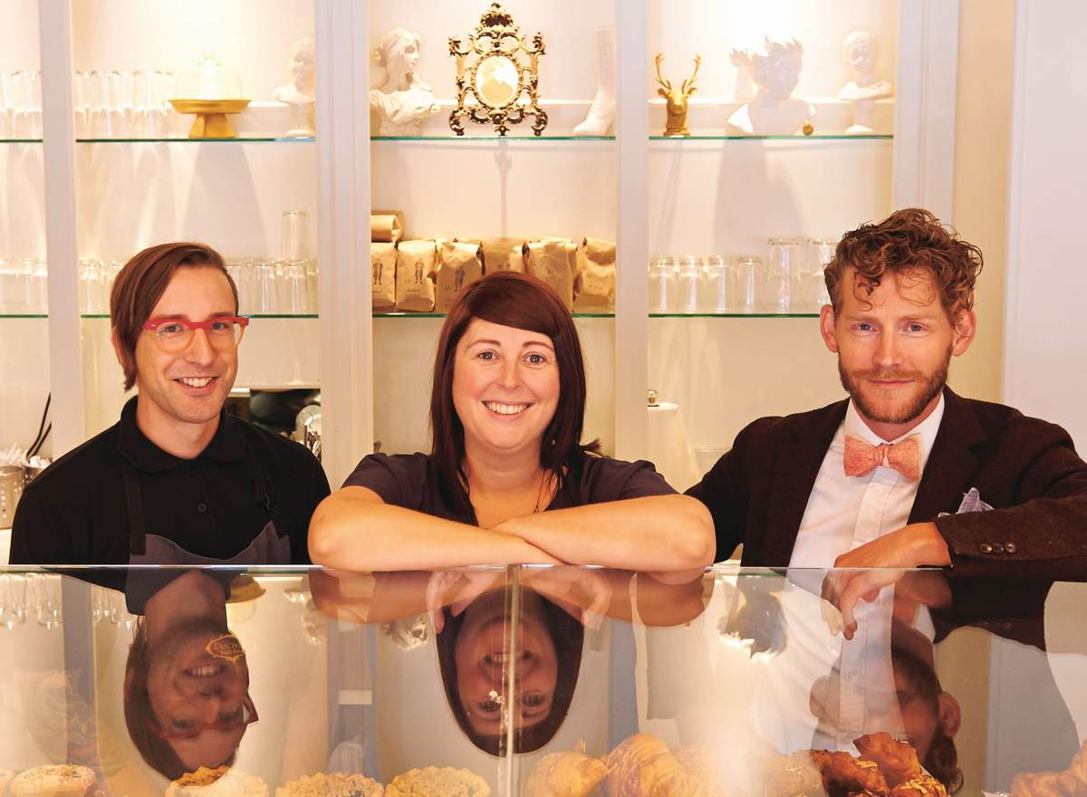 Owner of Duchess Bake Shop Giselle Courteau in the middle, flanked by partners Jake Pelletier (left) and Garner Beggs (right).