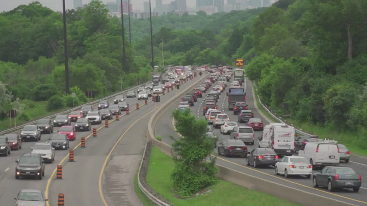 Heavy traffic is seen on the Don Valley Parkway as a result of bridge repair work.