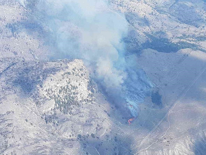 An aerial view of a controlled burn on Thursday at the Eagle Bluff wildfire burning near Oliver, B.C.