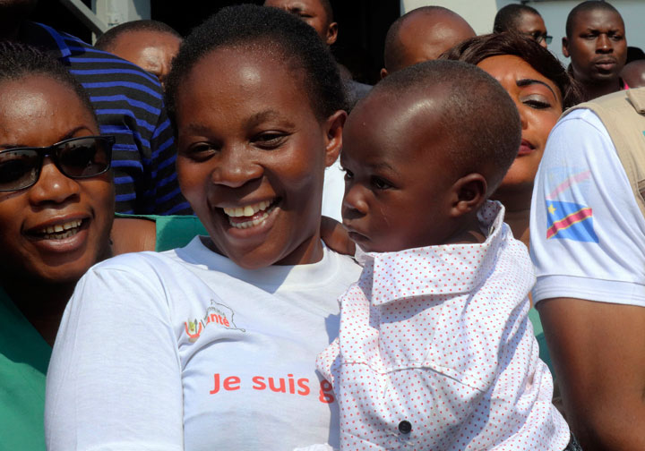 Esperance Nabintu and her one-year-old son, Ebenezer Fataki, after the two had been declared cured of Ebola, in Goma, Congo Tuesday, Aug. 13, 2019. The two were treated with new anti-Ebola drugs by top doctors who said that the disease can be cured if people seek proper care. 