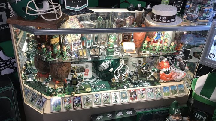 This glass case holds what could arguably be the most valuable of the collection, with a team-signed football or helmet for each Grey Cup win.