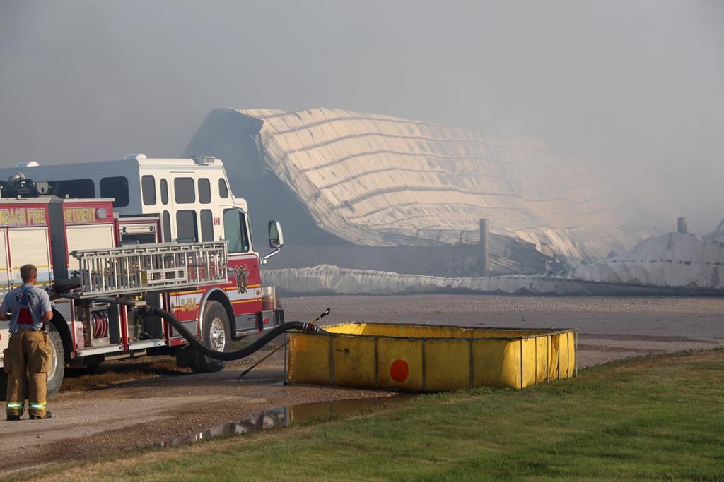The aftermath of a dairy farm fire is shown northeast of Steinbach, Man. on Monday, Aug.12, 2019 in a handout photo. An early morning fire has destroyed a four-barn dairy complex.