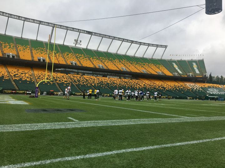 Players are seen at Commonwealth Field for an Edmonton Eskimos practice on Monday, Aug. 19, 2019.