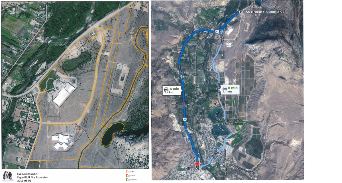 Areas covered by an evacuation alert (left) and potential evacuation route (right) due to the Eagle Mountain Wildfire.