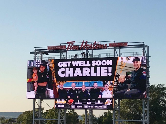 The Hamilton Tiger-Cats pay tribute to a local firefighter during their win against the B.C. Lions on Saturday with a "get well soon" message at Tim Hortons Field.