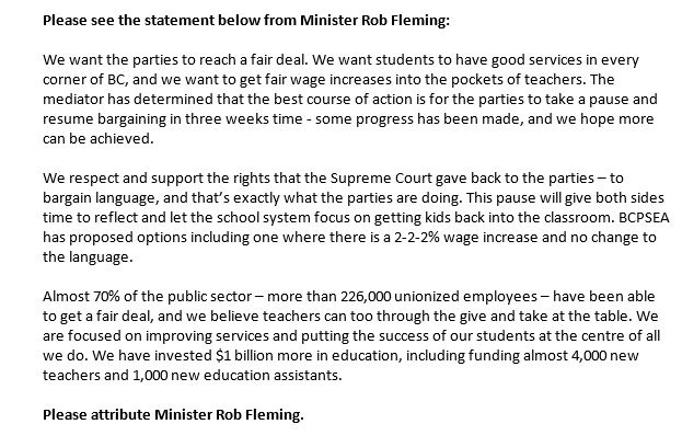 A scan of the emailed statement sent to Global News by Education Minister Rob Fleming in response to a pause in teacher contract talks.