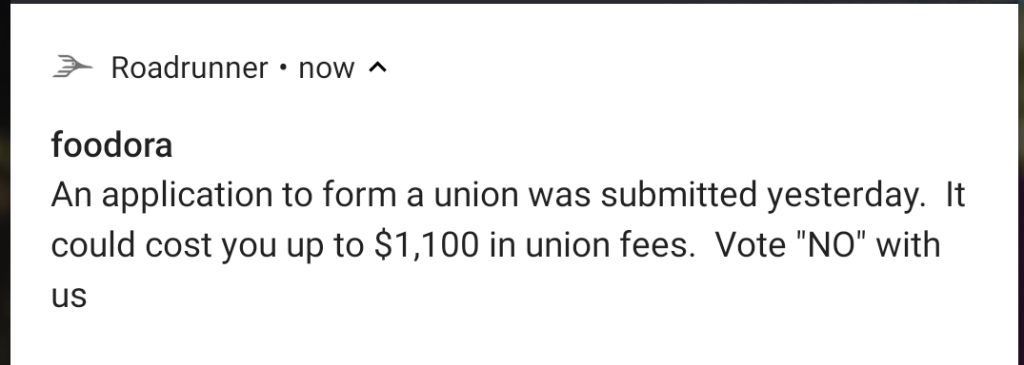 A screengrab obtained by Global News shows one of the push notifications Foodora sent to workers.