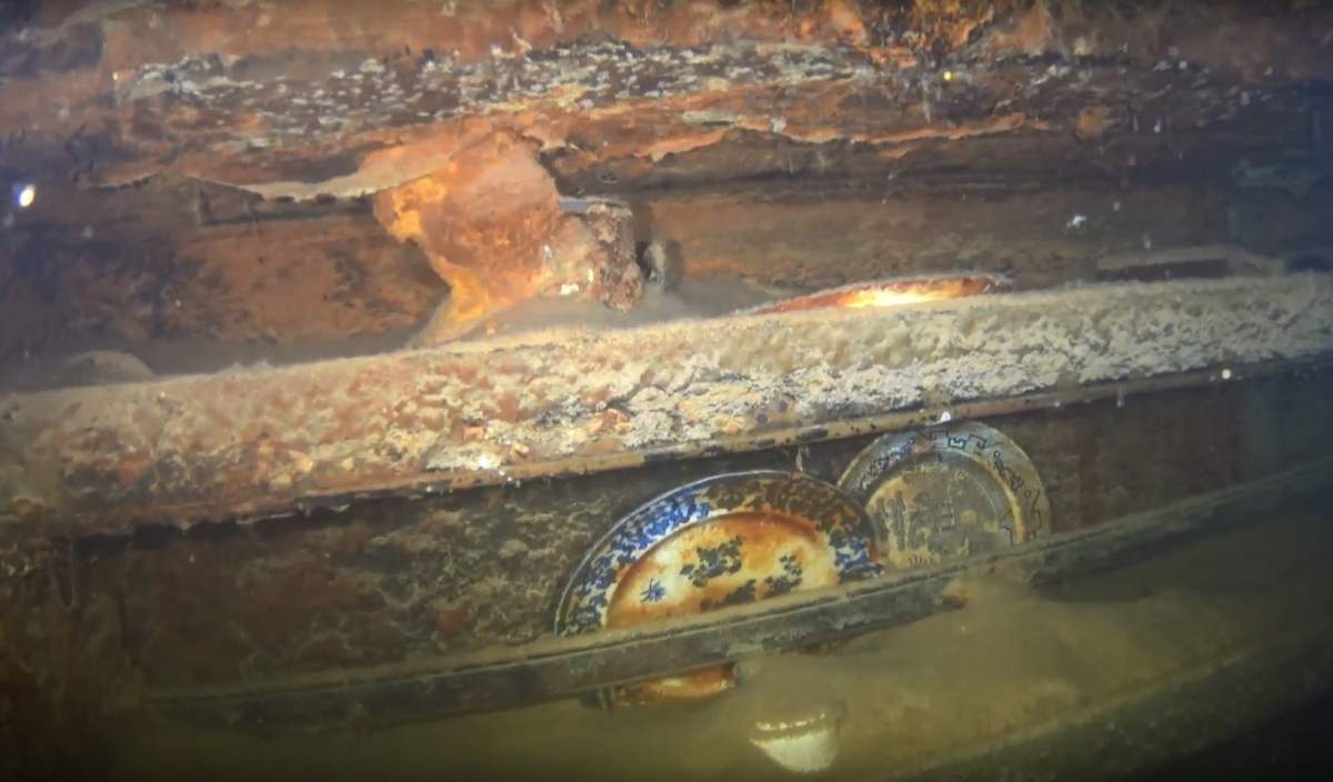 Flatware on racks are seen in the interior of the HMS Terror shipwreck, in an undated handout still image taken from video footage, in Terror Bay, Nunavut.