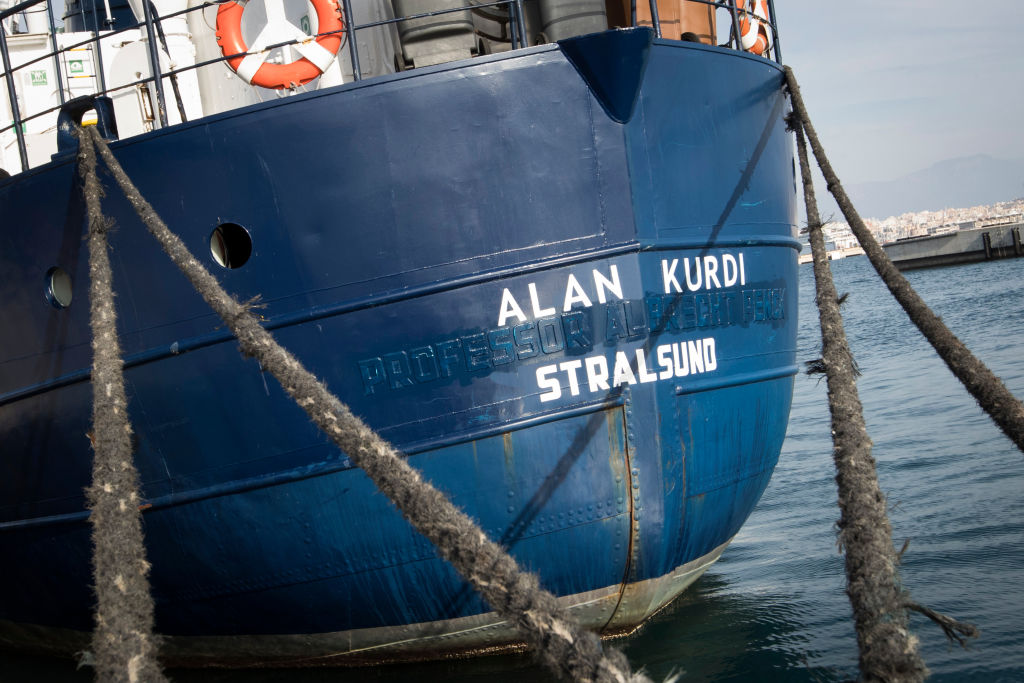 A picture shows the Sea-Eye rescue ship named after Alan Kurdi during its inauguration in Palma de Mallorca on February 10,  2019. - The former research vessel "Professor Albrecht Penck" was rebaptised "Alan Kurdi", after the Syrian boy who was drowned during a ship wreck in the Mediterranean Sea.