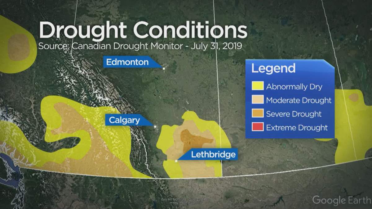 The Canadian Drought Monitor showing the most recent conditions across southern Alberta as of July 31, 2019.