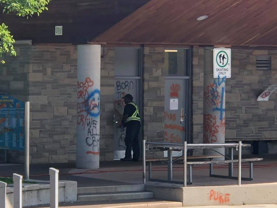 The city began another clean up job in Dundas after alleged vandals sprayed graffiti on a complex at Dundas Driving Park overnight.