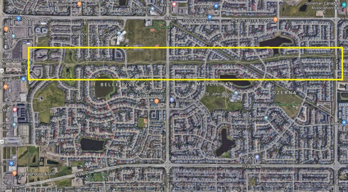 The greenbelt that runs from 97 Street to 66 Street in the area of 162 Avenue in north Edmonton.