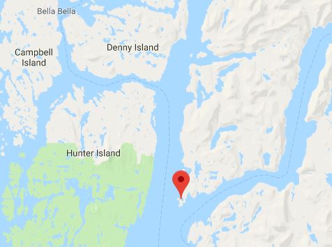 Humchitt Island is seen in relation to Bella Bella in the northwest.