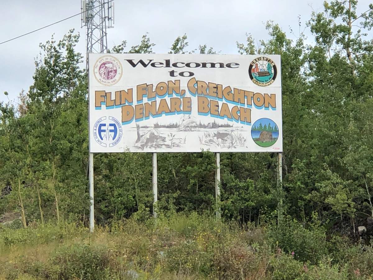 The welcome sign for Flin Flon and neighbouring communities is seen in this file photo.