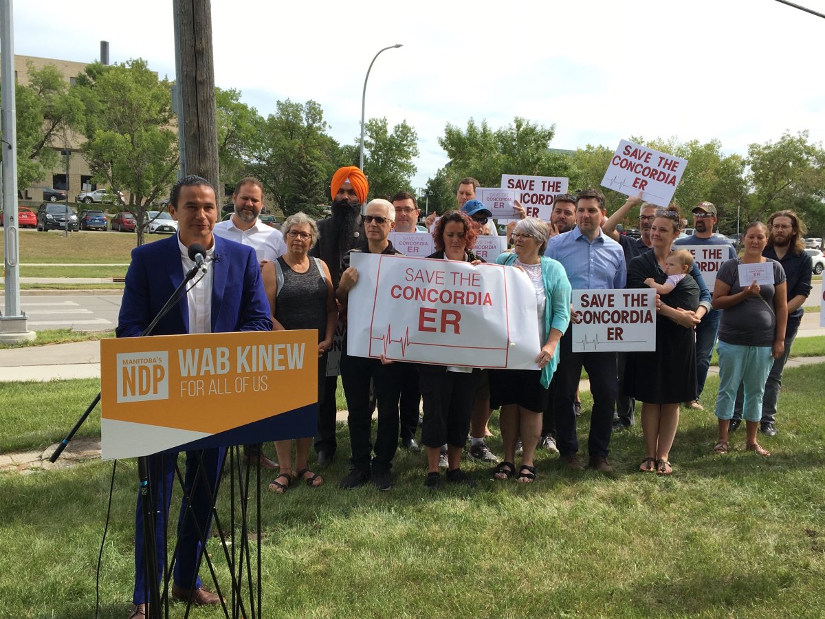 NDP leader Wab Kinew speaks outside Concordia Hospital earlier this week.