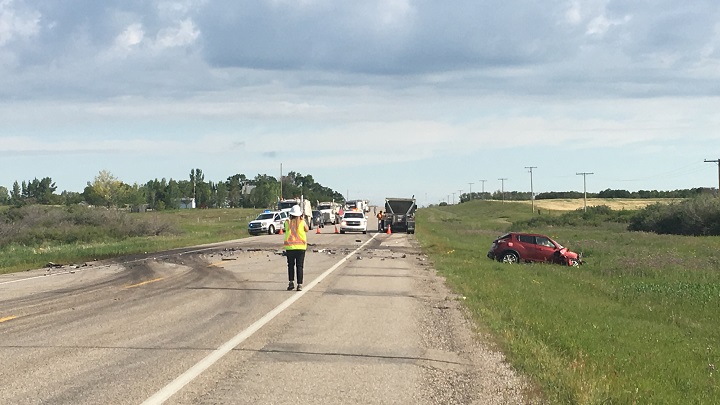 The driver of a car that collided head-on with a semi on Highway 6 about 20 kilometres outside Regina Tuesday morning was taken to hospital by STARS ambulance. 