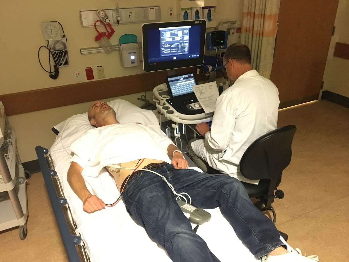 Brad Smoliak having an echocardiogram in the Mazankowski AB Heart Institute.