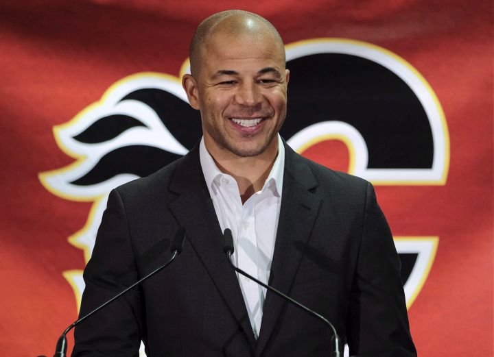 Former Calgary Flames captain Jarome Iginla announces his retirement from the NHL, after playing 20 seasons, at a news conference in Calgary on Monday, July 30, 2018. 