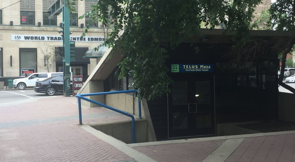 A pedway entrance in front of the Fairmont Hotel Macdonald, at the corner of Jasper Avenue and 100 Street in downtown Edmonton on August 12, 2019.