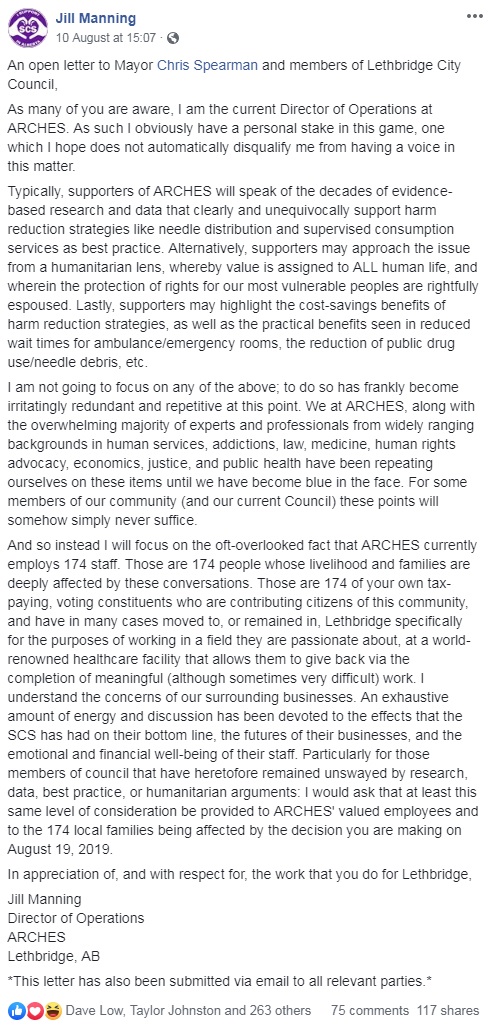 Facebook post shared by Jill Manning, Director of Operations at ARCHES, Aug, 10.