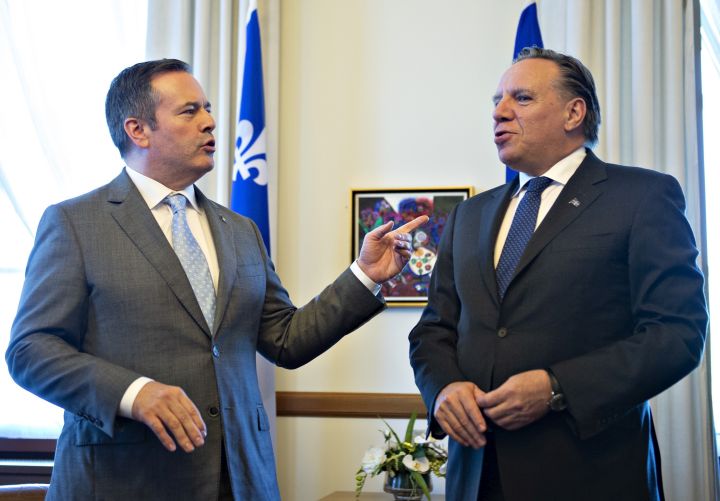 Alberta Premier Jason Kenney, left, chats with Quebec Premier Francois Legault on Wednesday, June 12, 2019 at the Quebec Premier's office in Quebec City. Kenney said Monday his Quebec counterpart does not understand the history of equalization.