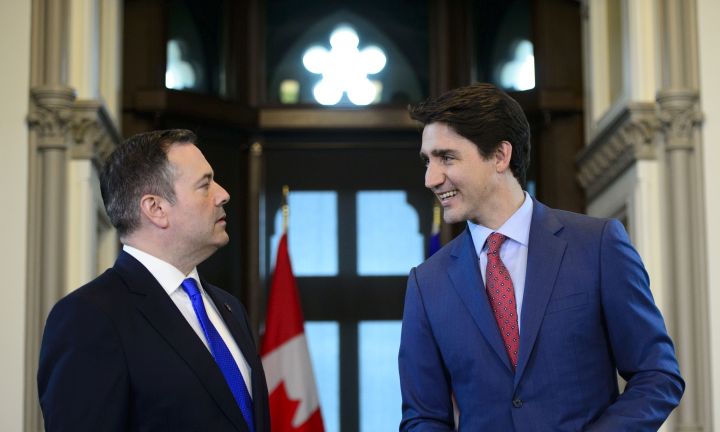 Prime Minister Justin Trudeau meets with Alberta Premier Jason Kenney in his office on Parliament Hill in Ottawa on Thursday, May 2, 2019. 