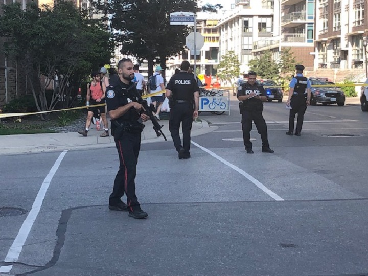 Police were called to Liberty Village a little before 4:30 for numerous reports of gunshots. 