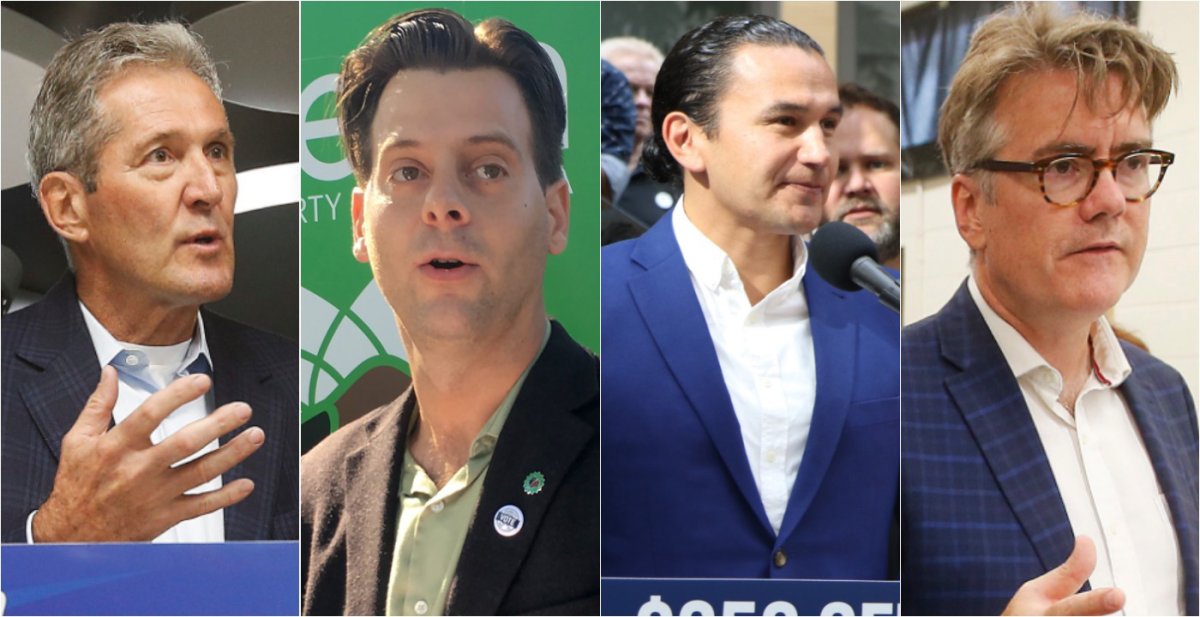 From left, Manitoba PC Leader Brian Pallister, Manitoba Green Party Leader James Beddome, Manitoba NDP Leader Wab Kinew, and Manitoba Liberal Leader Dougald Lamont.