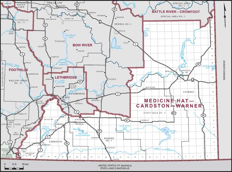 A map of the Medicine Hat-Cardston-Warner riding.