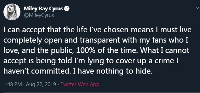 Miley Cyrus denies cheating on Liam Hemsworth in Twitter rant - image