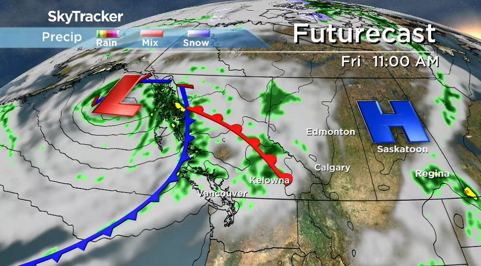 More showers will filter into the Okanagan along a frontal boundary and upper trough on Friday.