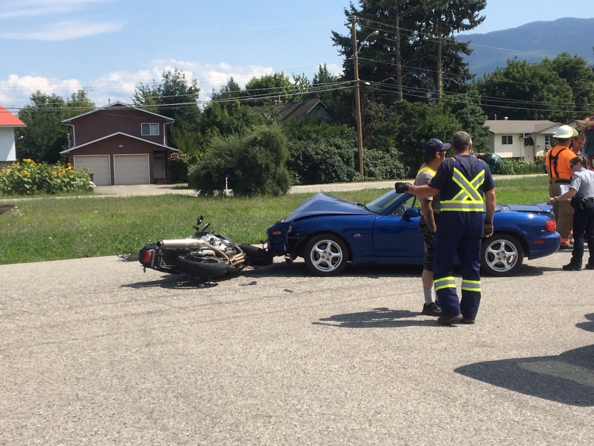 One person was airlifted to hospital after a collision between a car and a motorcycle in Enderby. 